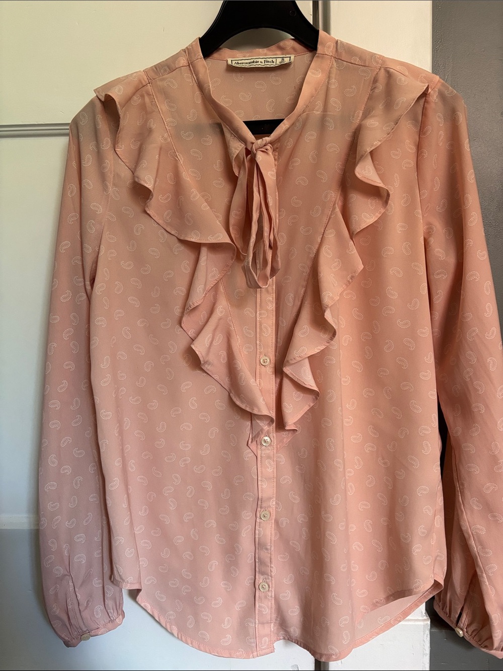 Abercrombie & Fitch Light Pink Ruffle Tie-Neck Blouse
